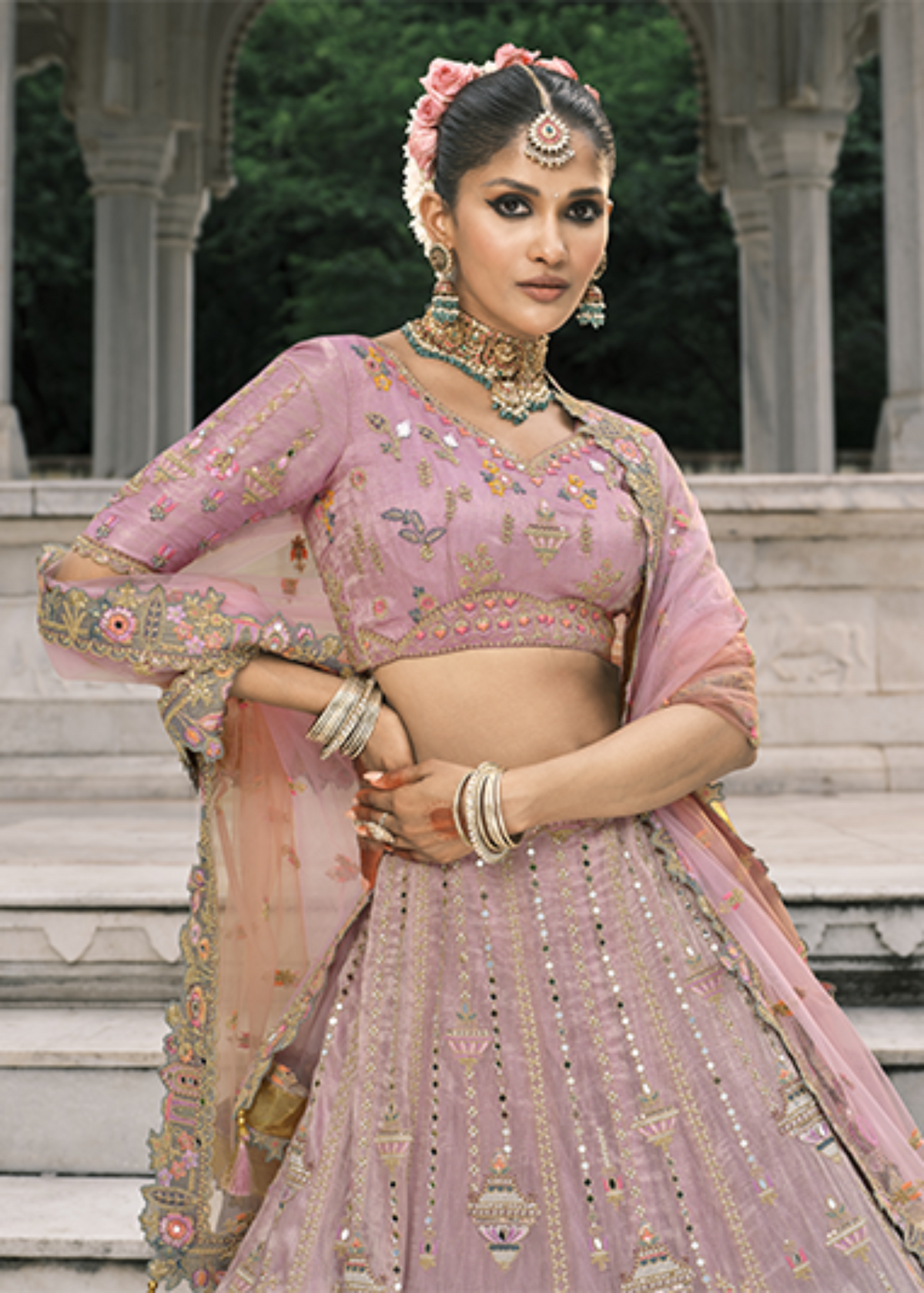 Baby Pink Embroidered Silk Bridal Lehenga.