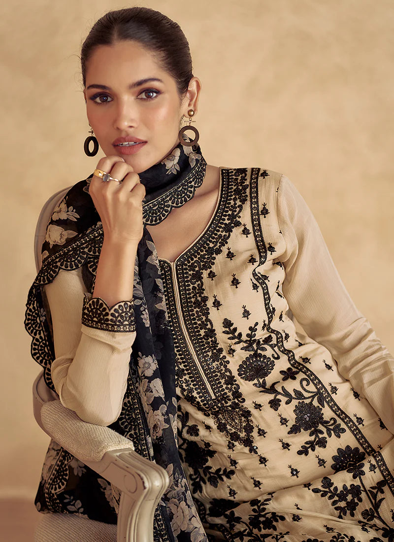 Beige Thread Embroidery Traditional Palazzo Suit