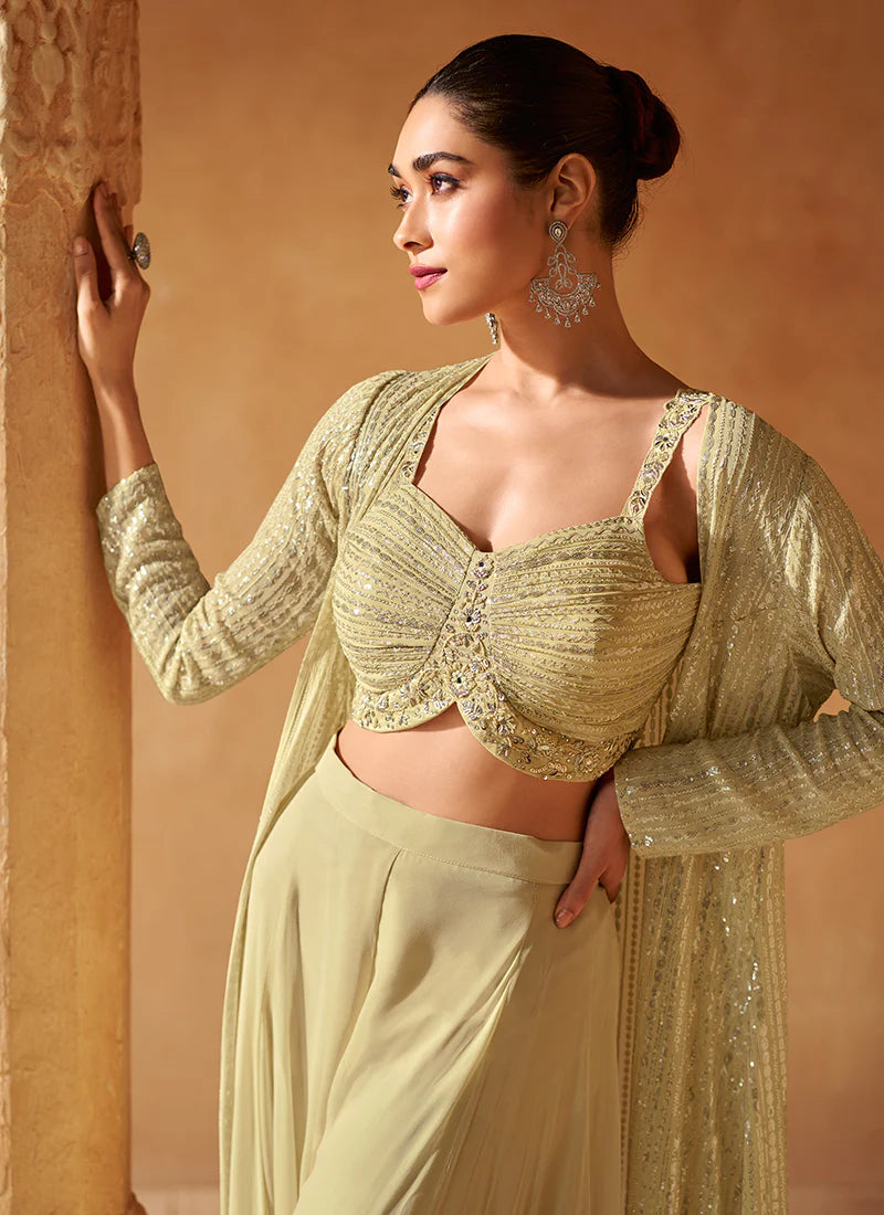 Beige Yellow Embroidered Jacket Style Palazzo Suit