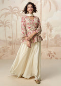 Buy Beige Multi Embroidery Peplum Sharara Suit