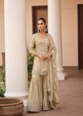 Beige Silk Satin Embroidered Sharara Suit