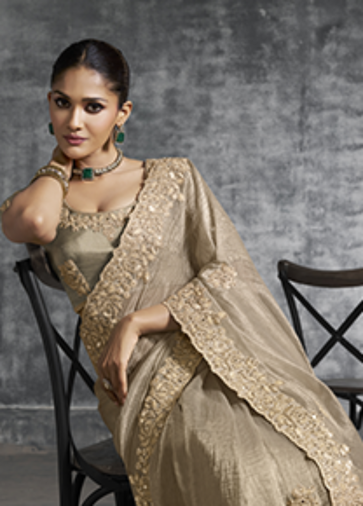 Beige Tissue Zari Embroidered Saree.