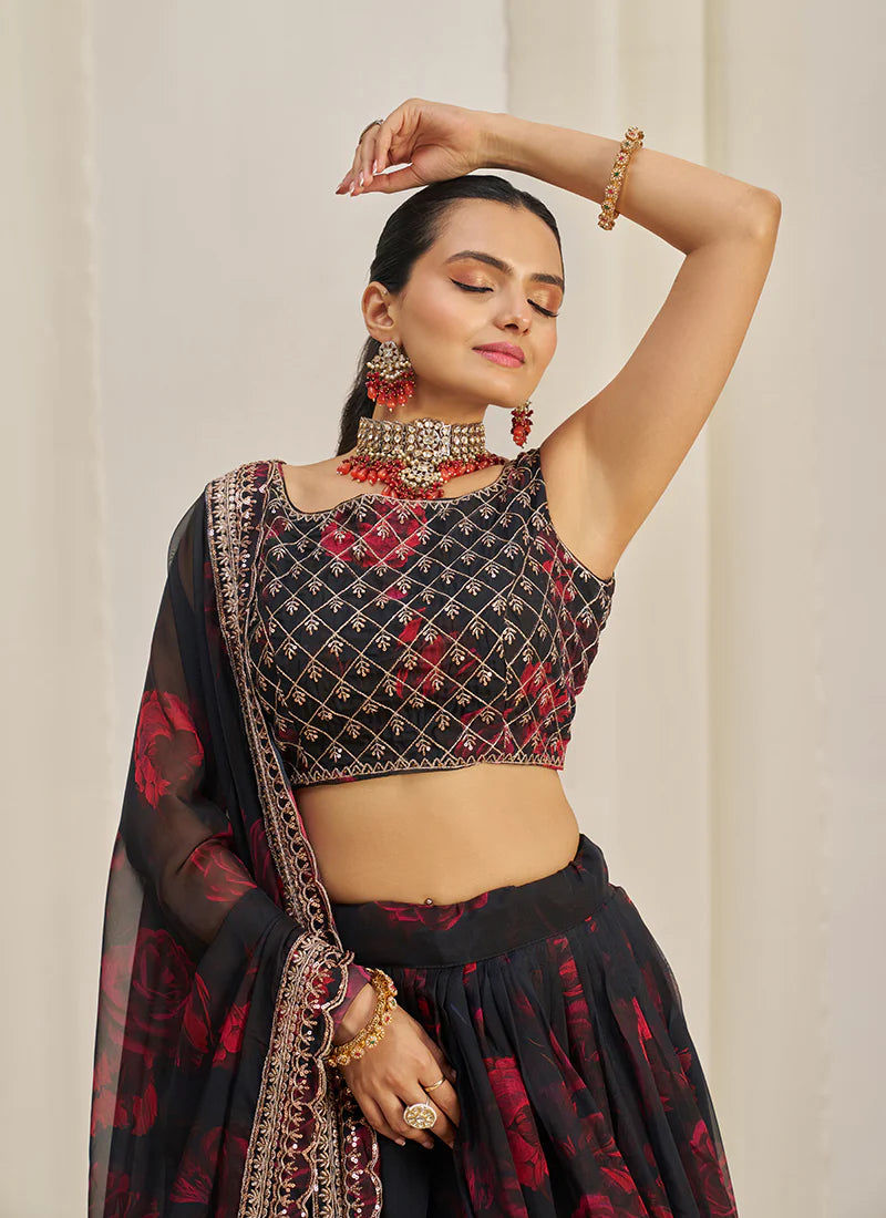 Black Floral Printed Embroidery Lehenga Choli