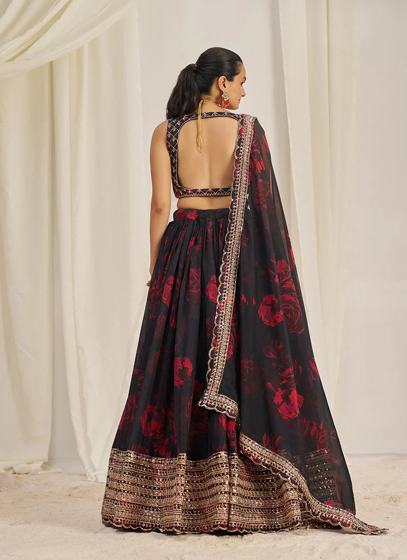 Black Floral Printed Embroidery Lehenga Choli