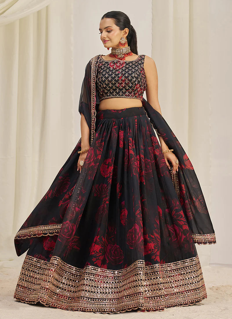 Black Floral Printed Embroidery Lehenga Choli