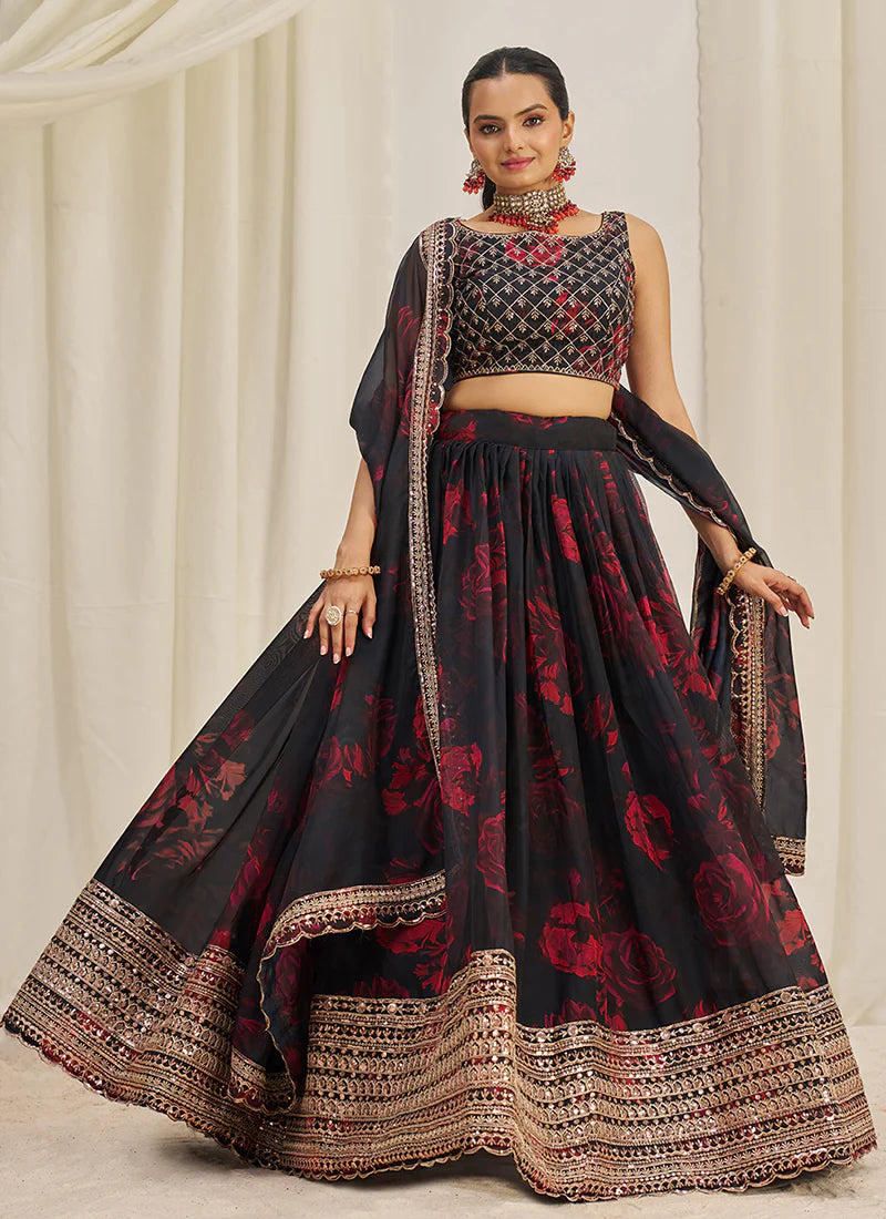 Black Floral Printed Embroidery Lehenga Choli