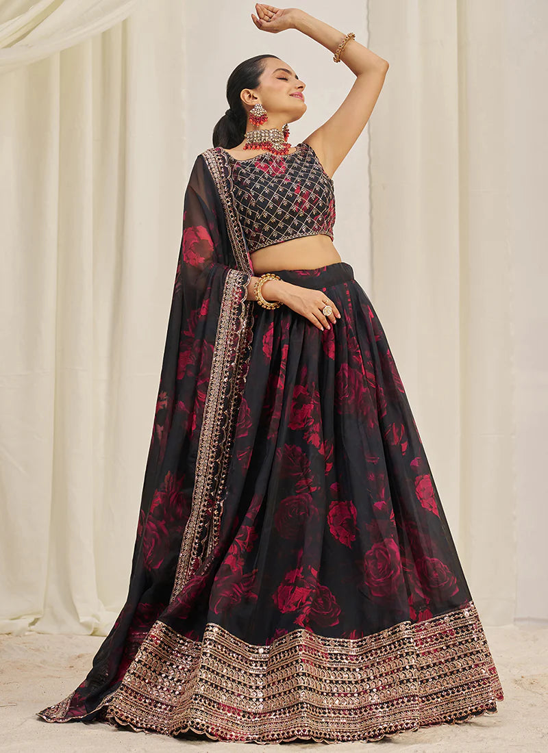 Black Floral Printed Embroidery Lehenga Choli