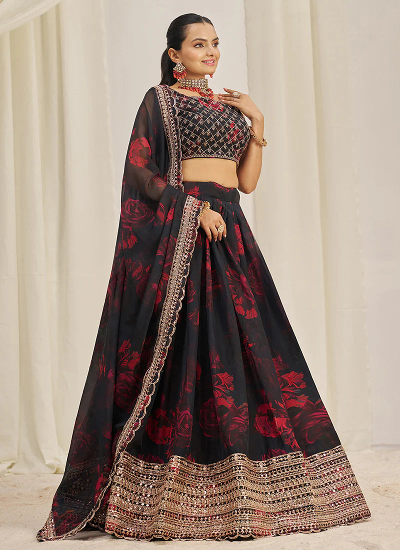 Black Floral Printed Embroidery Lehenga Choli