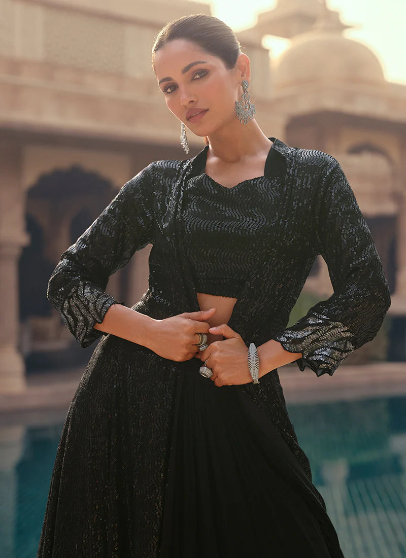 Black Sequence Embroidered Lehenga Choli With Jacket