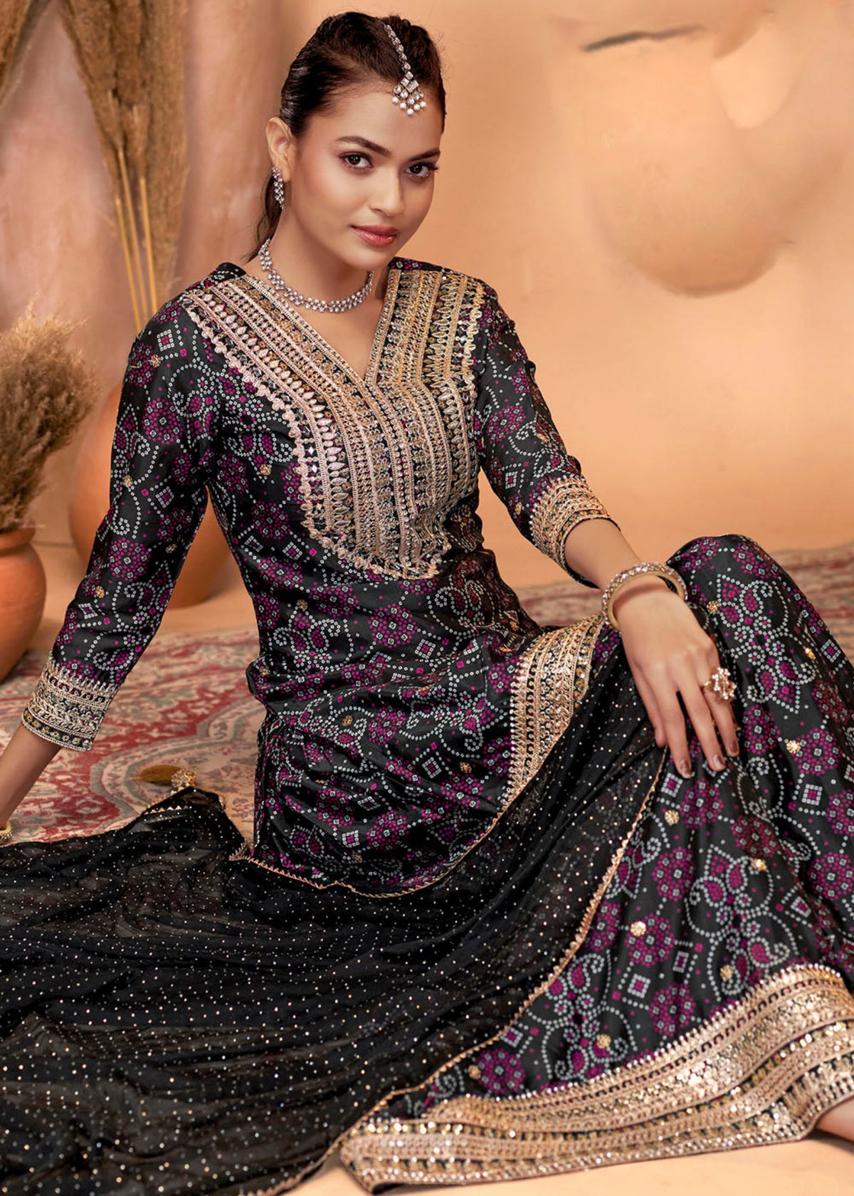 Buy Black Bandhani Printed Sharara Suit