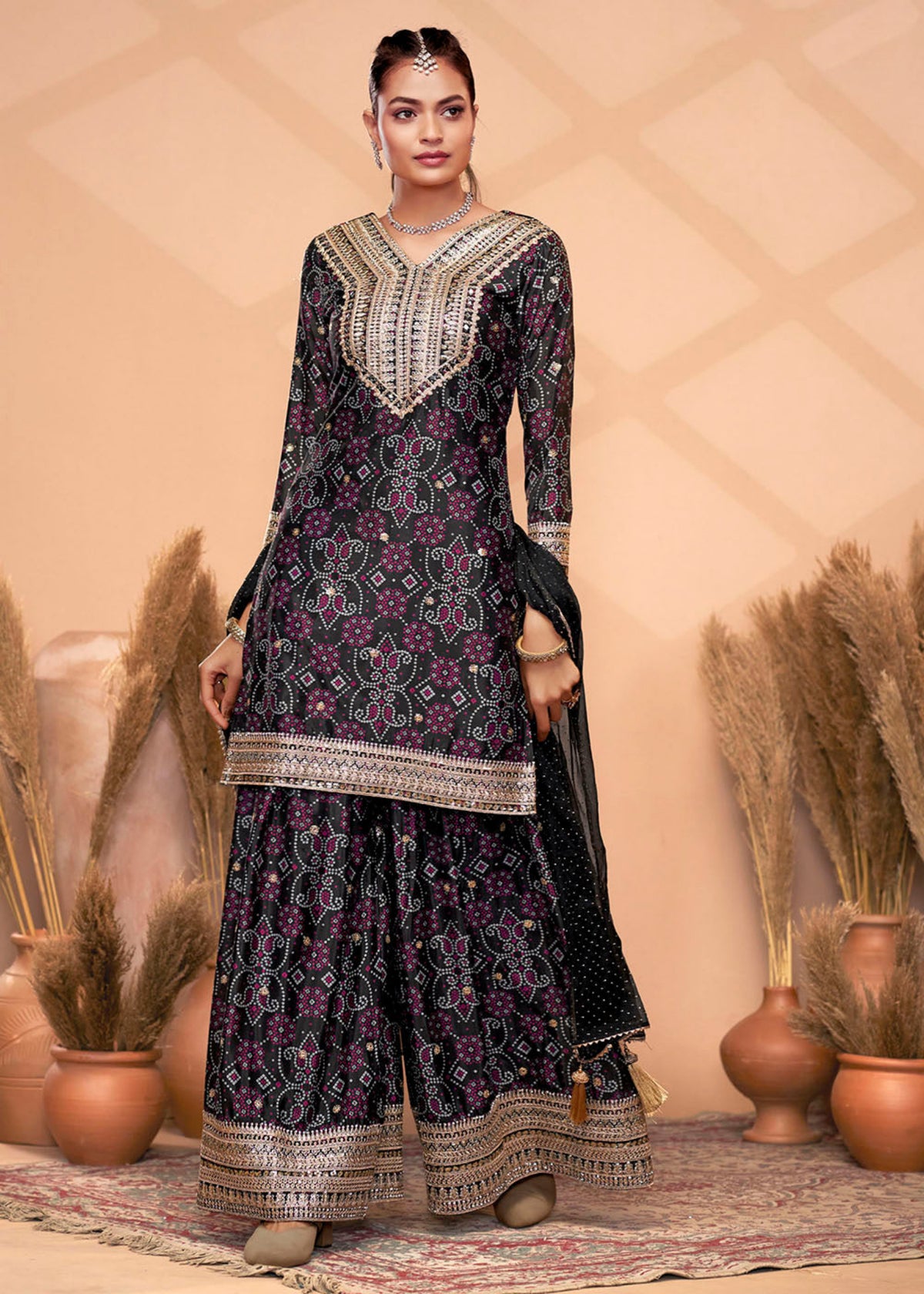 Buy Black Bandhani Printed Sharara Suit