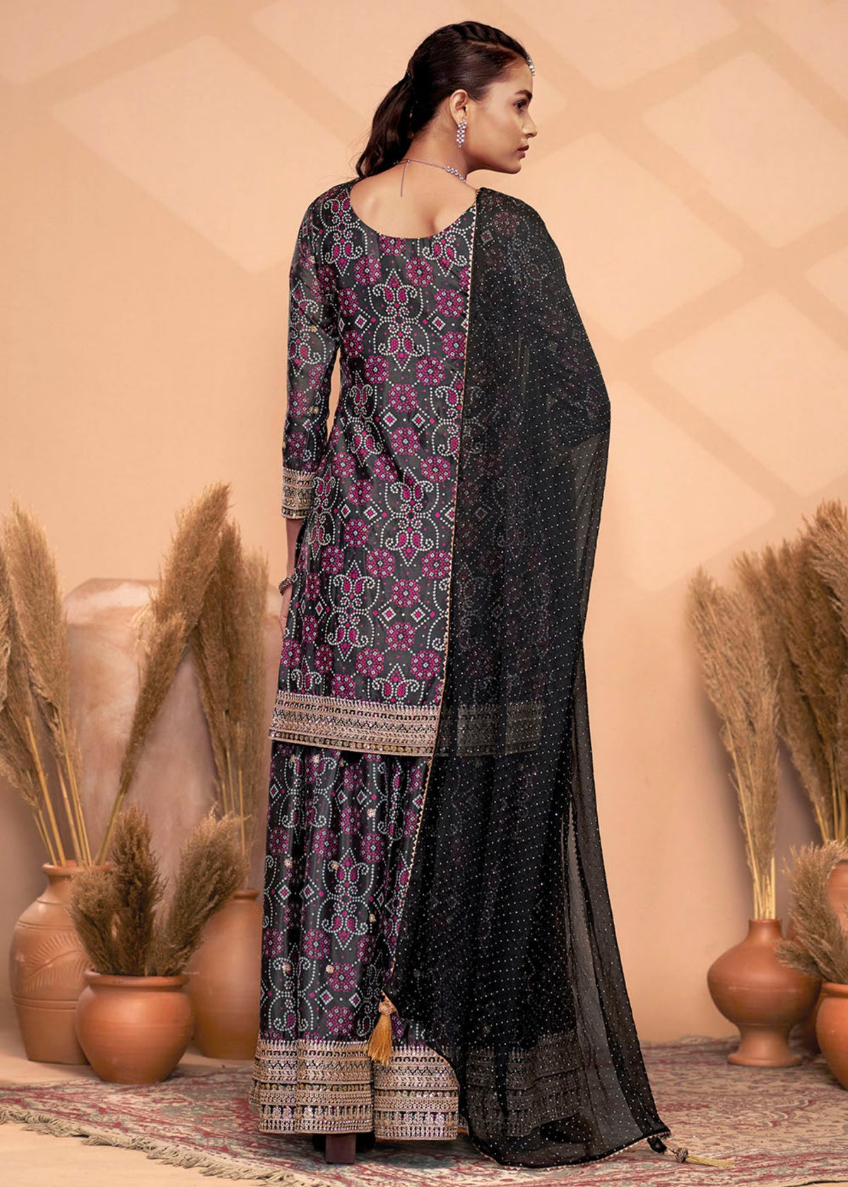 Buy Black Bandhani Printed Sharara Suit