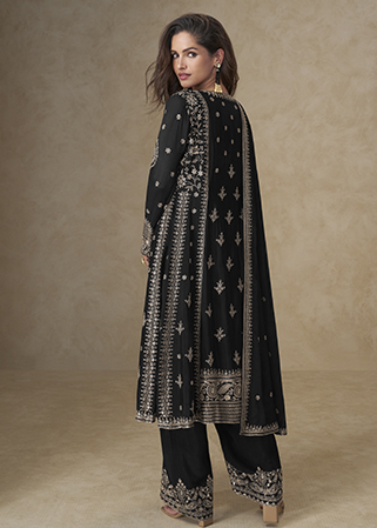 Black Gold Zari Embroidered Chinon Silk Suit-2025