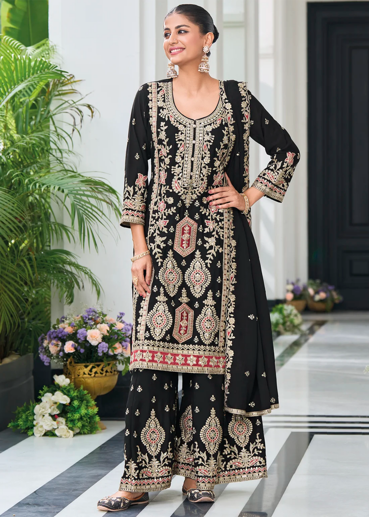 Black and Gold Embroidered Gharara Suit