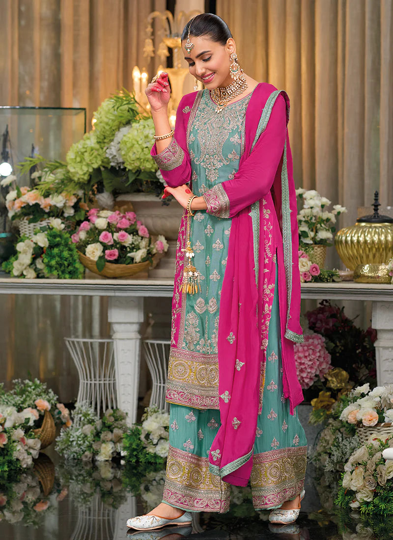 Blue And Rani Pink Multi Embroidery Palazzo Style Suit