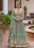 Blue Chinon Embroidered Gown
