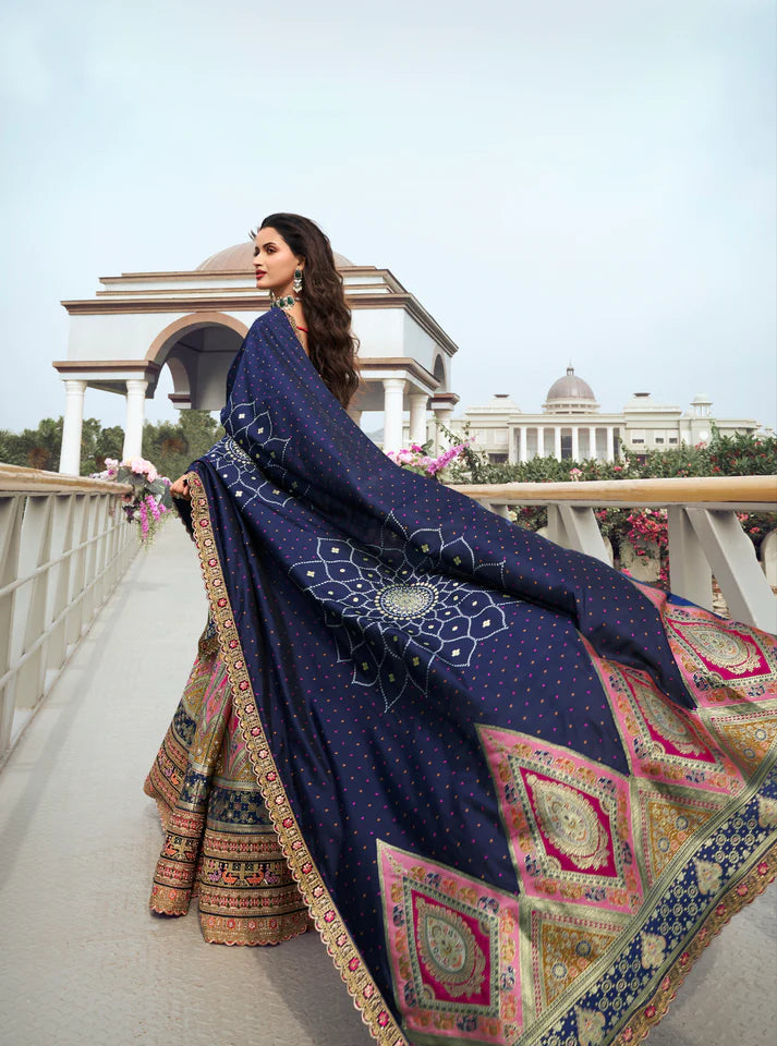 Blue and Green Banarasi Silk bridal lehenga