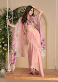 Buy Blush Pink Draped Skirt Set with Printed Cape 
