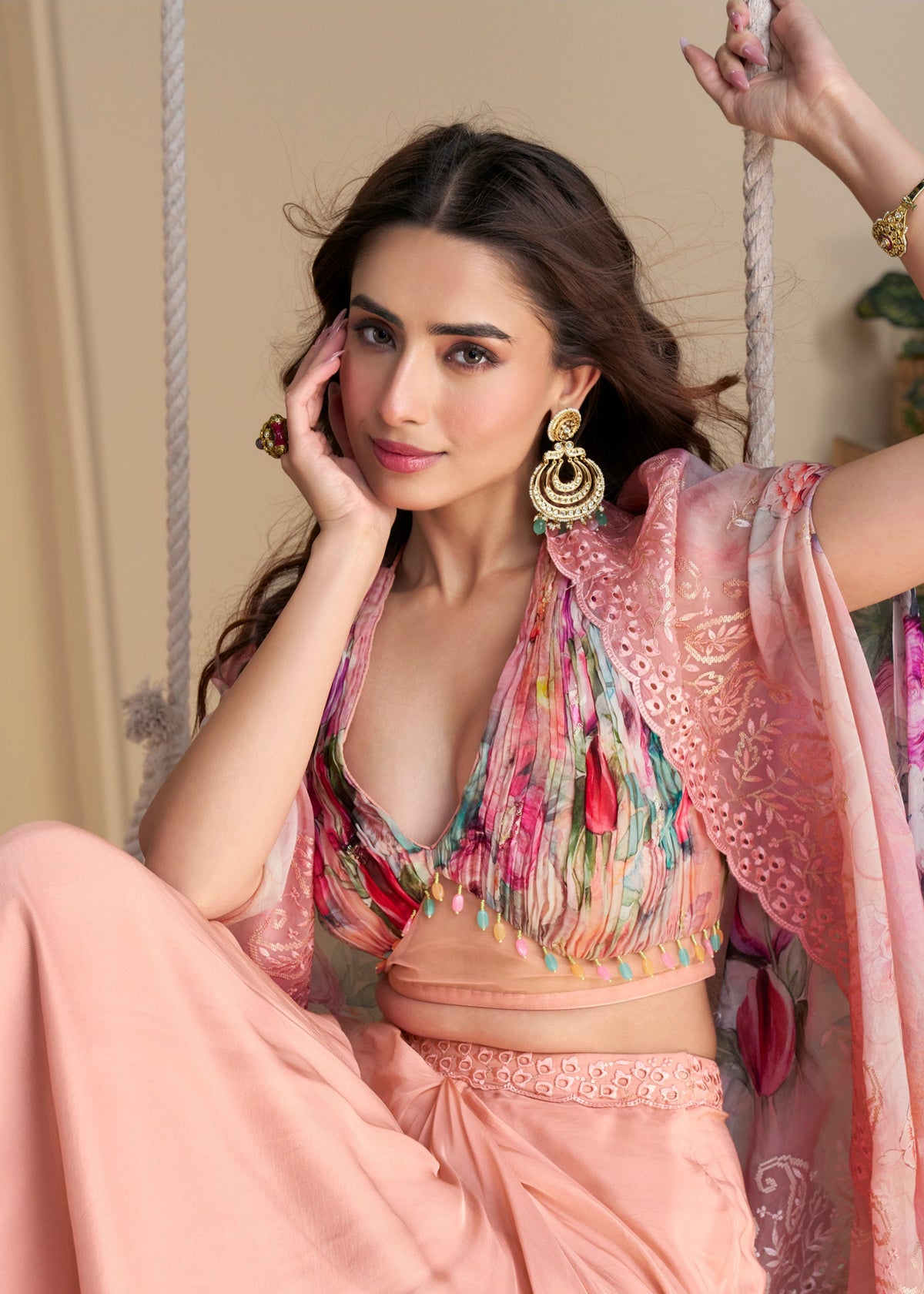 Buy Blush Pink Draped Skirt Set with Printed Cape 