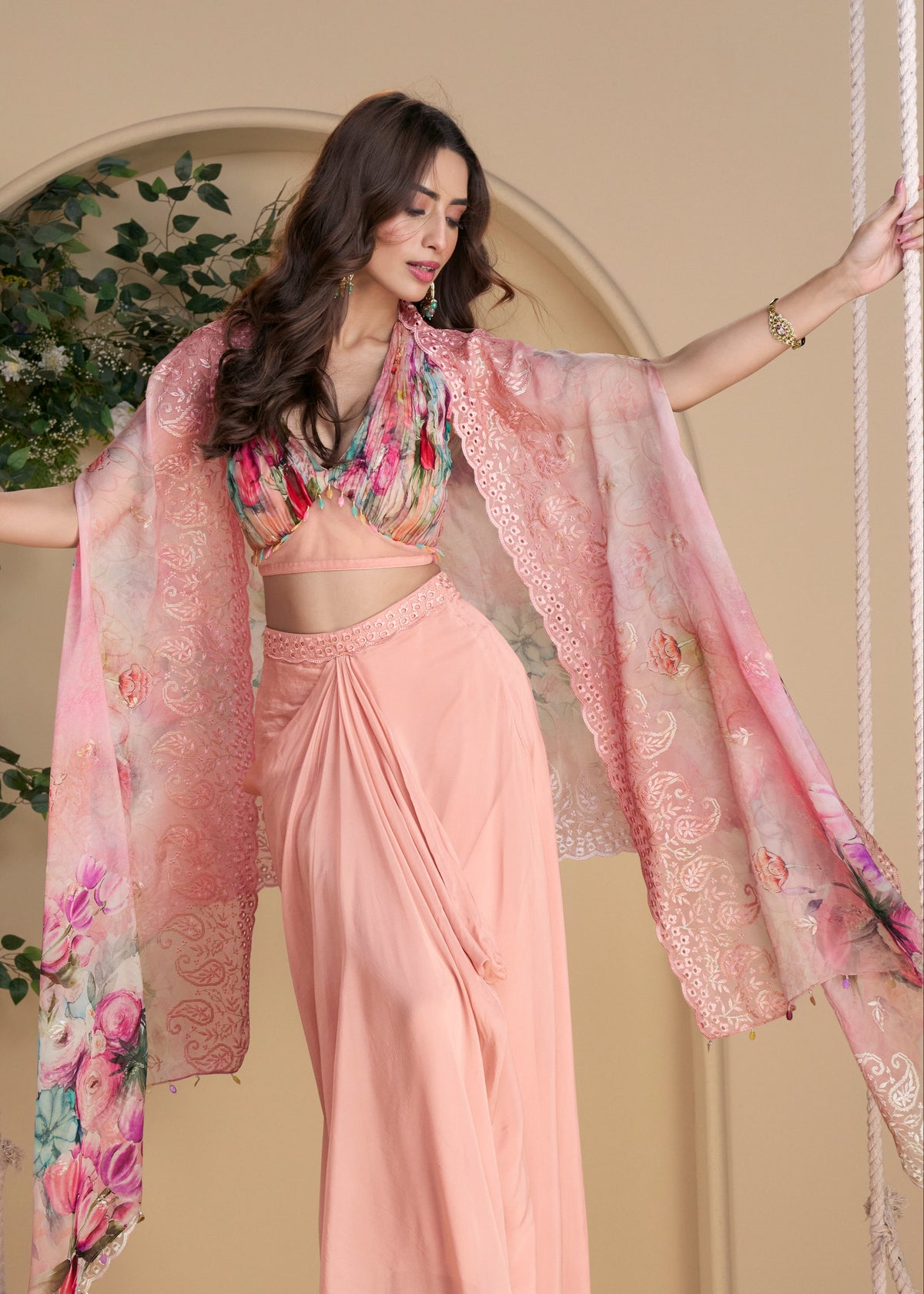 Buy Blush Pink Draped Skirt Set with Printed Cape 