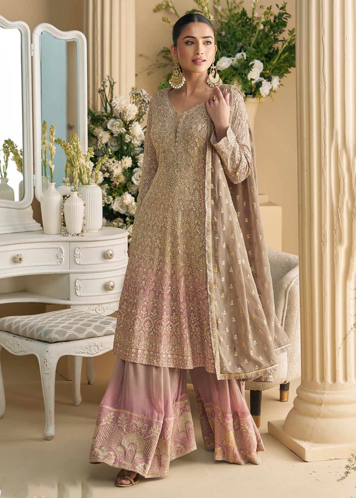 Buy Blush Pink Embroidered Anarkali Palazzo Suit