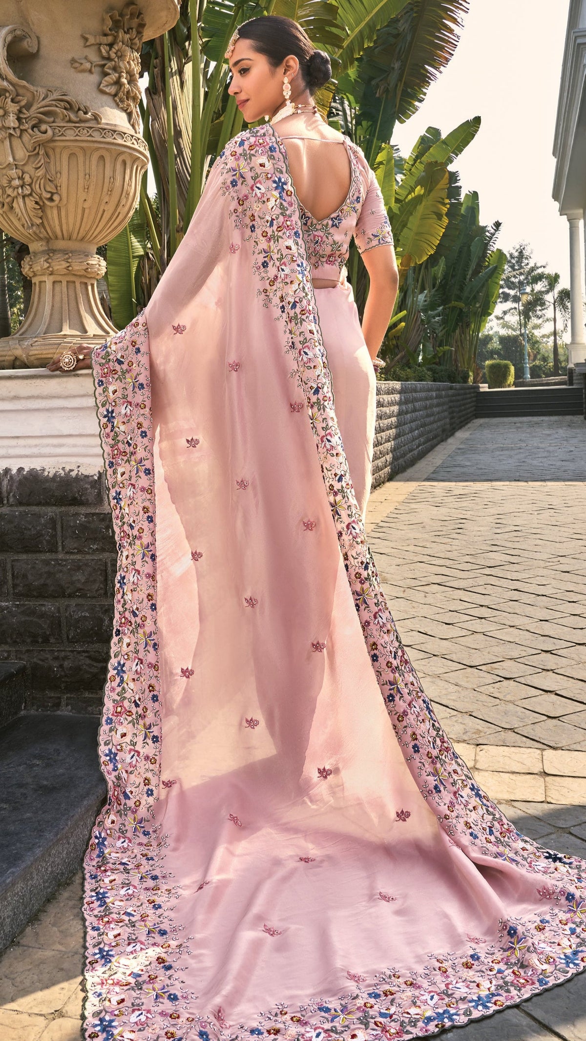 Buy Blush Pink Floral Embroidered Saree