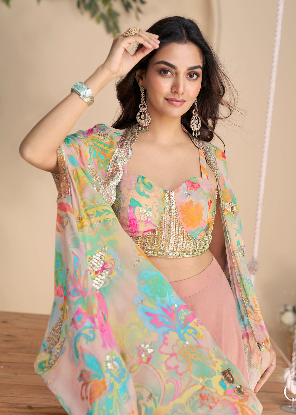Buy Blush pink Digital printed Cape Style Sharara Set