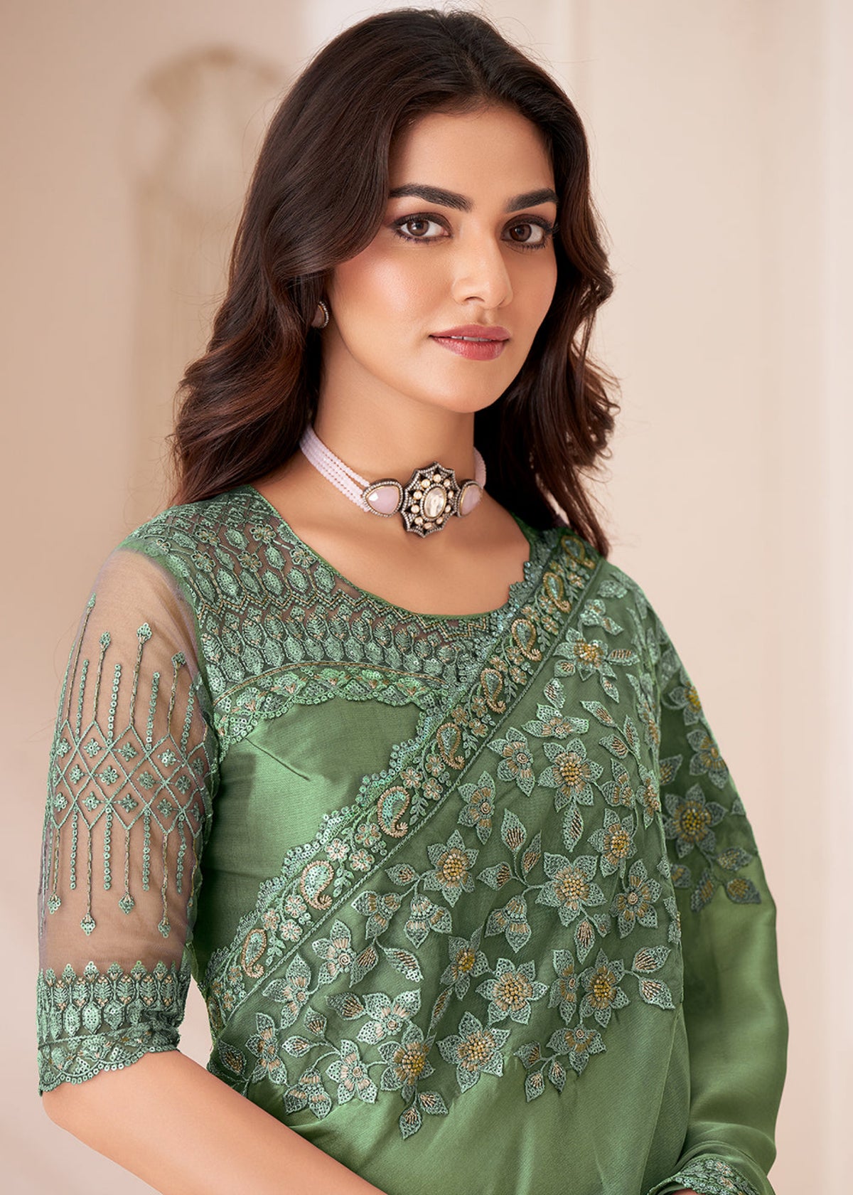 Bottle Green Sequence Embroidery Wedding Saree