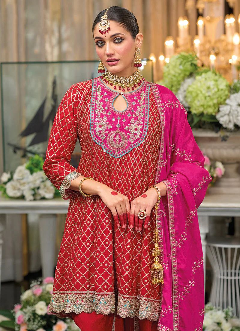 Bridal Red Multi Embroidered Designer Dhoti Style Suit