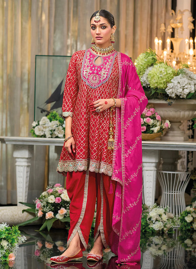 Bridal Red Multi Embroidered Designer Dhoti Style Suit