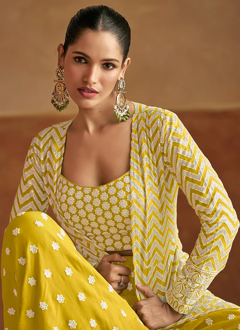 Bright Yellow Embroidered Jacket Style Lehenga Choli