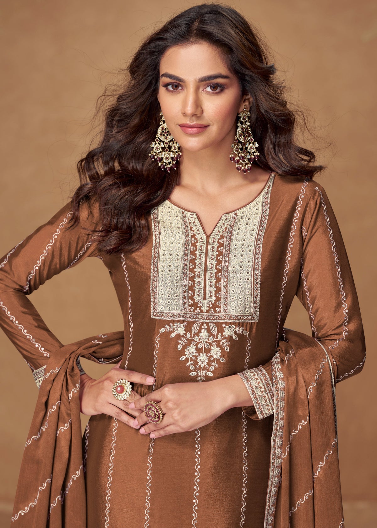 Buy Brown Embroidered palazzo Suit