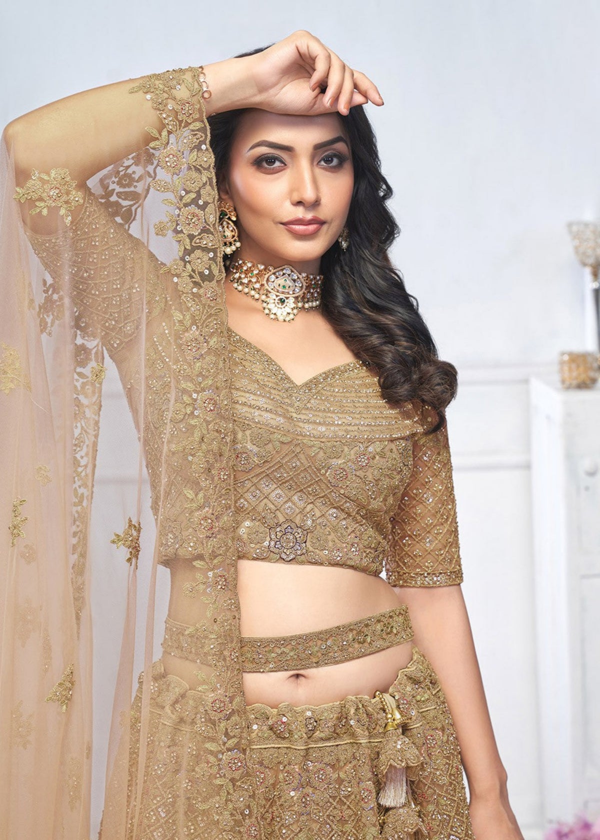 Brown embroidered designer wedding lehenga choli