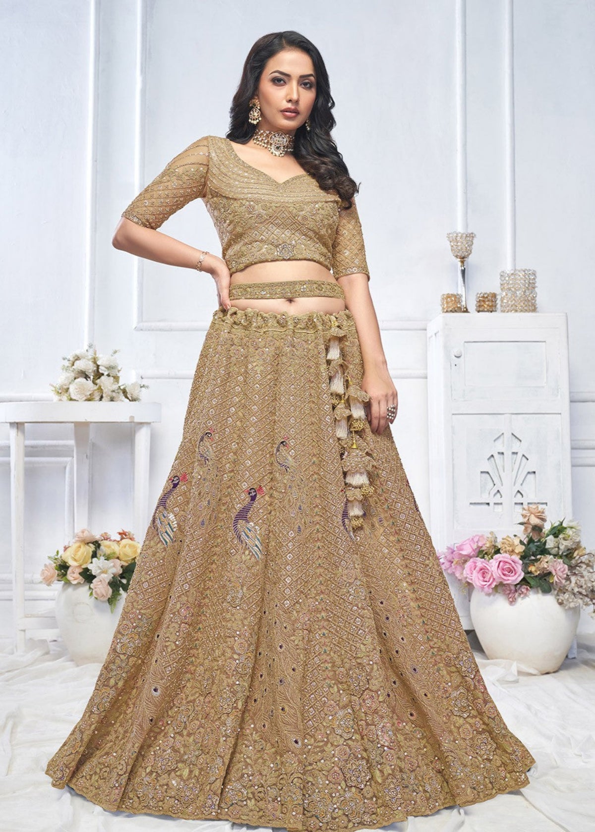 Brown embroidered designer wedding lehenga choli