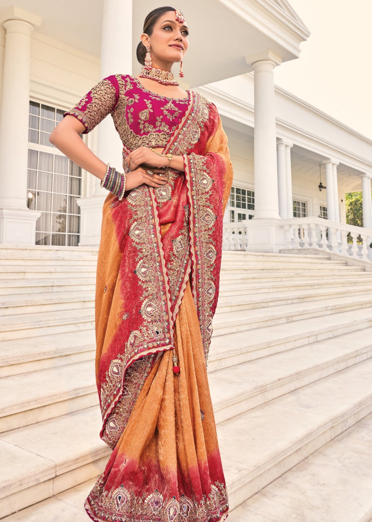 Buy Burnt Orange And Red Embroidery Saree