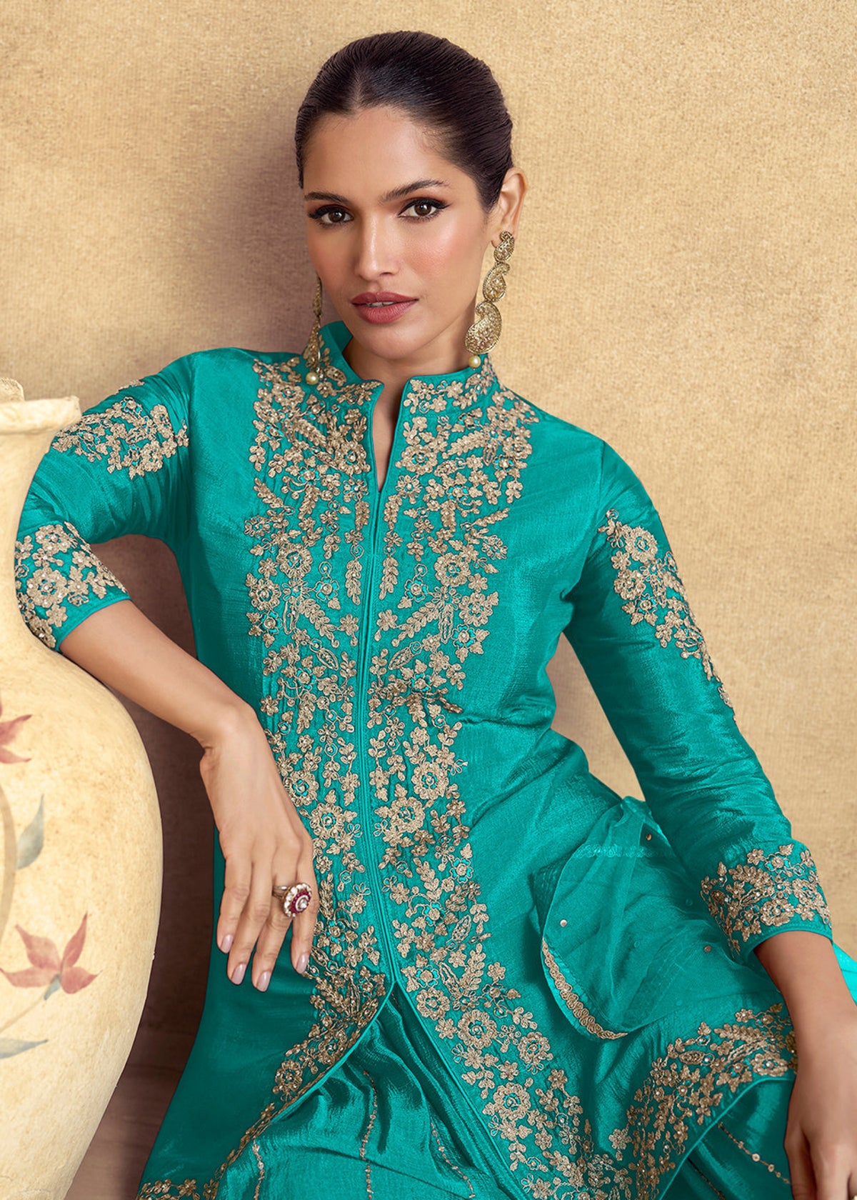 Buy Teal Blue Embroidered  Sharara Style Suit