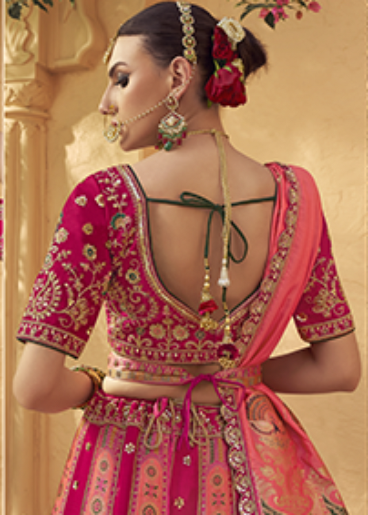 Candy Pink Majestic Zarkan Banarasi Silk Lehenga.