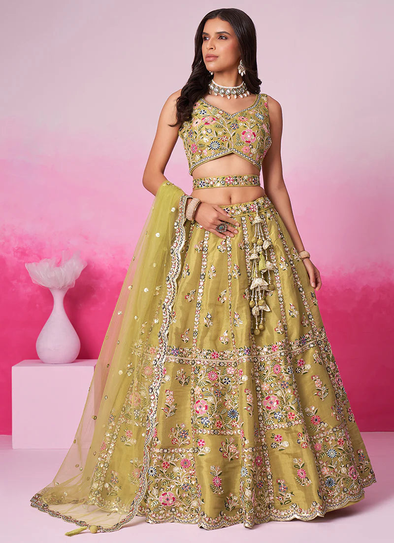 Citrine Yellow Multi Embroidery Wedding Lehenga Choli