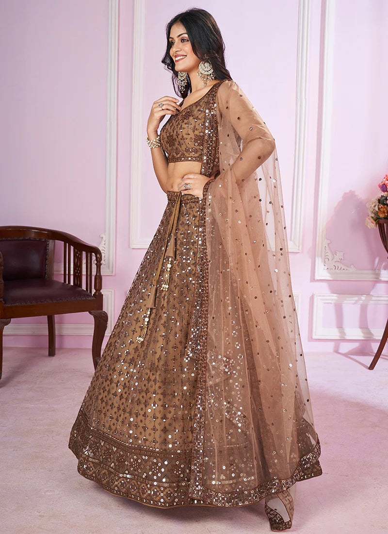 Copper Brown Sequence Embroidery Traditional Festive Lehenga Choli