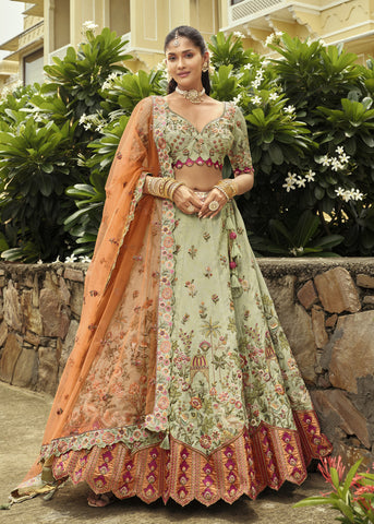 Cream-Copper Embroidered Cut Work Border Silk Lehenga
