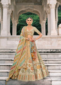 Cream-Olive Embroidered Silk Bridal Lehenga