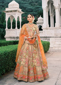 Cream-Orange Embroidered Silk Bridal Lehenga