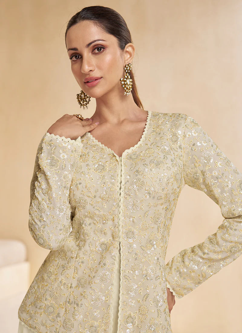 Cream Sequence Embroidery Party Wear Sharara Suit