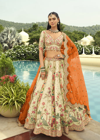 Cream Embroidered Cut Work Border Silk Lehenga
