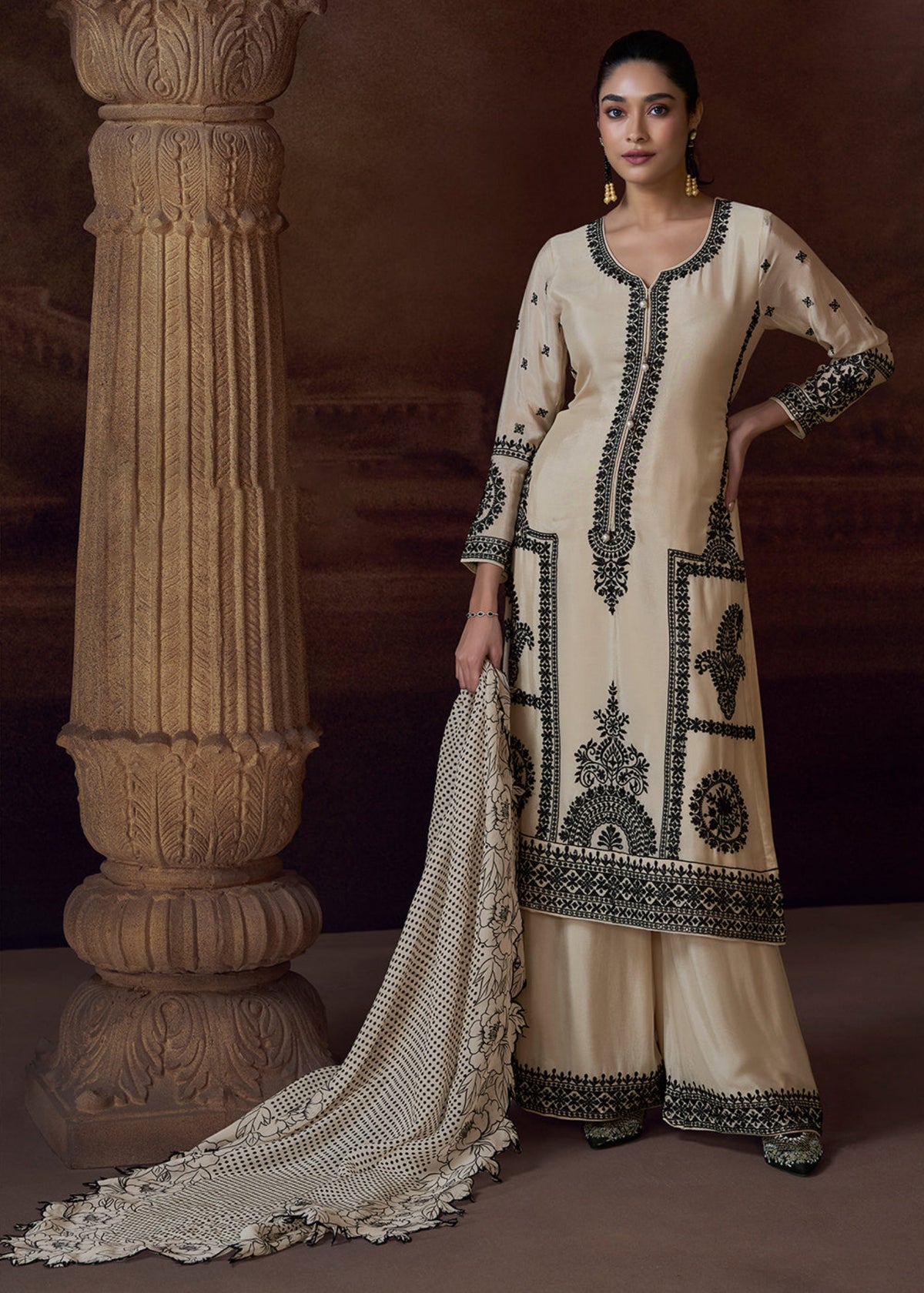 Buy Cream Embroidered Palazzo Suit