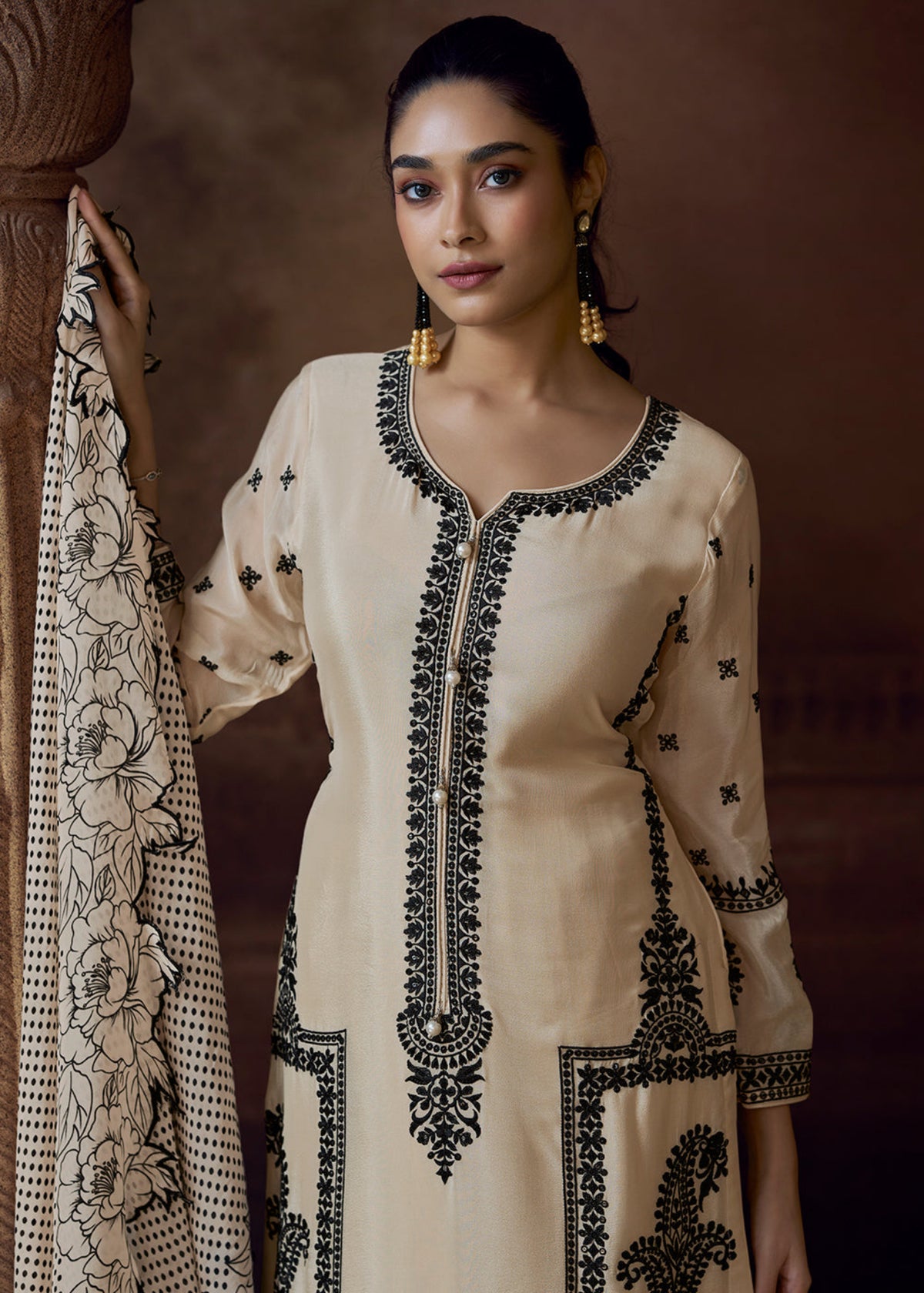 Buy Cream Embroidered Palazzo Suit