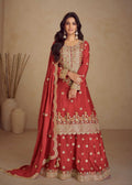 buy Crimson Red Floral Embroidered Sharara Suit