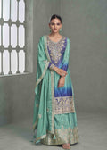 Cyan Elegant Chinnon Silk Plazzo Suit.