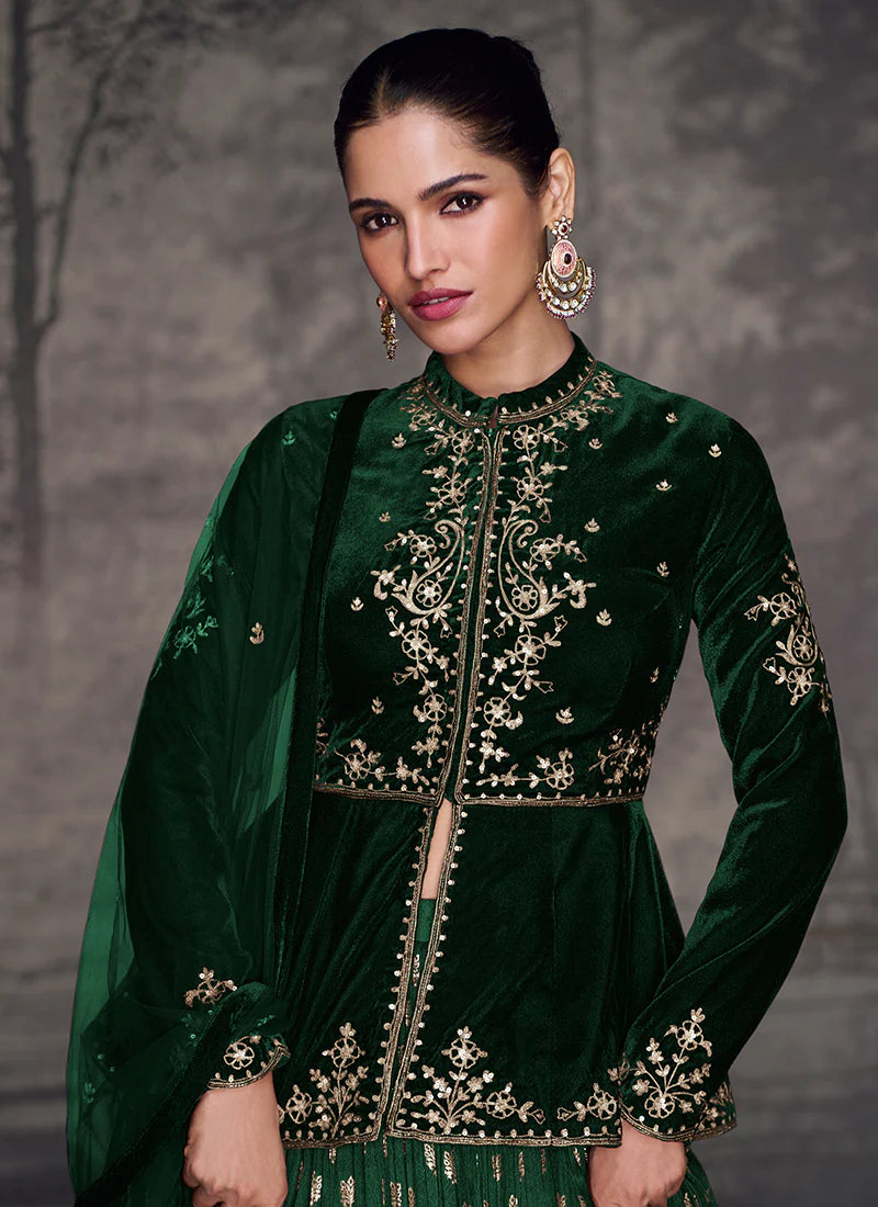 Dark Green Golden Embroidery Peplum Style Lehenga