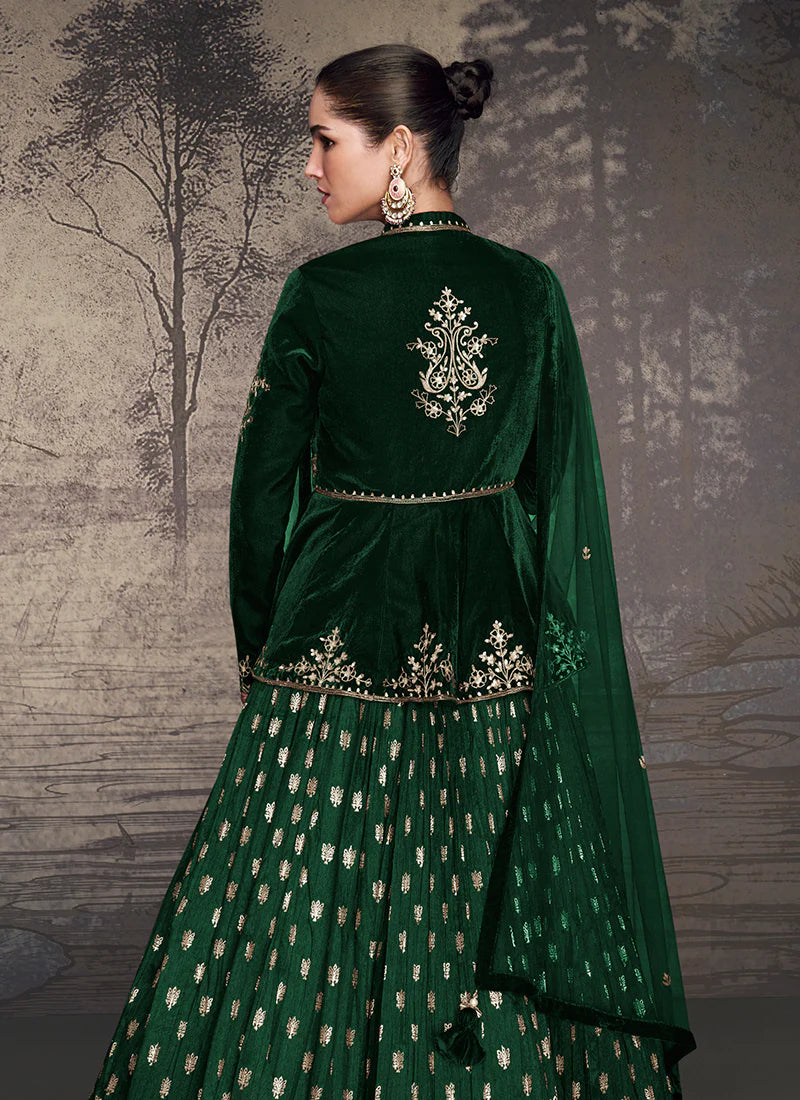 Dark Green Golden Embroidery Peplum Style Lehenga